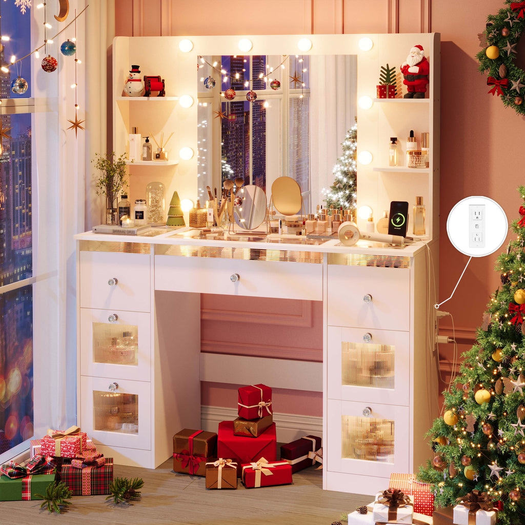 Fluted Vanity Desk with Large 37’’ Hollywood Mirror and RGB Lights