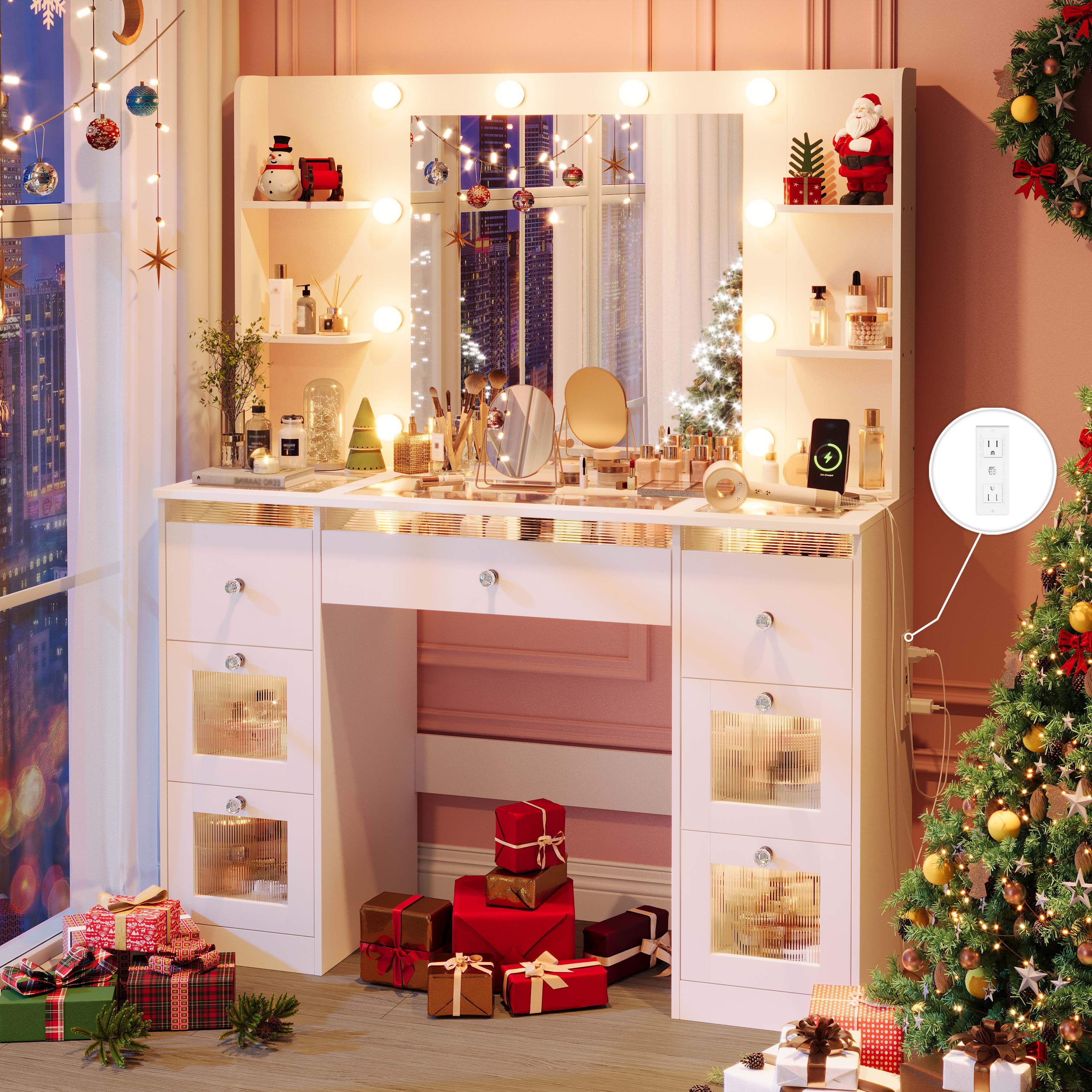 Fluted Vanity Desk with Large 37’’ Hollywood Mirror and RGB Lights