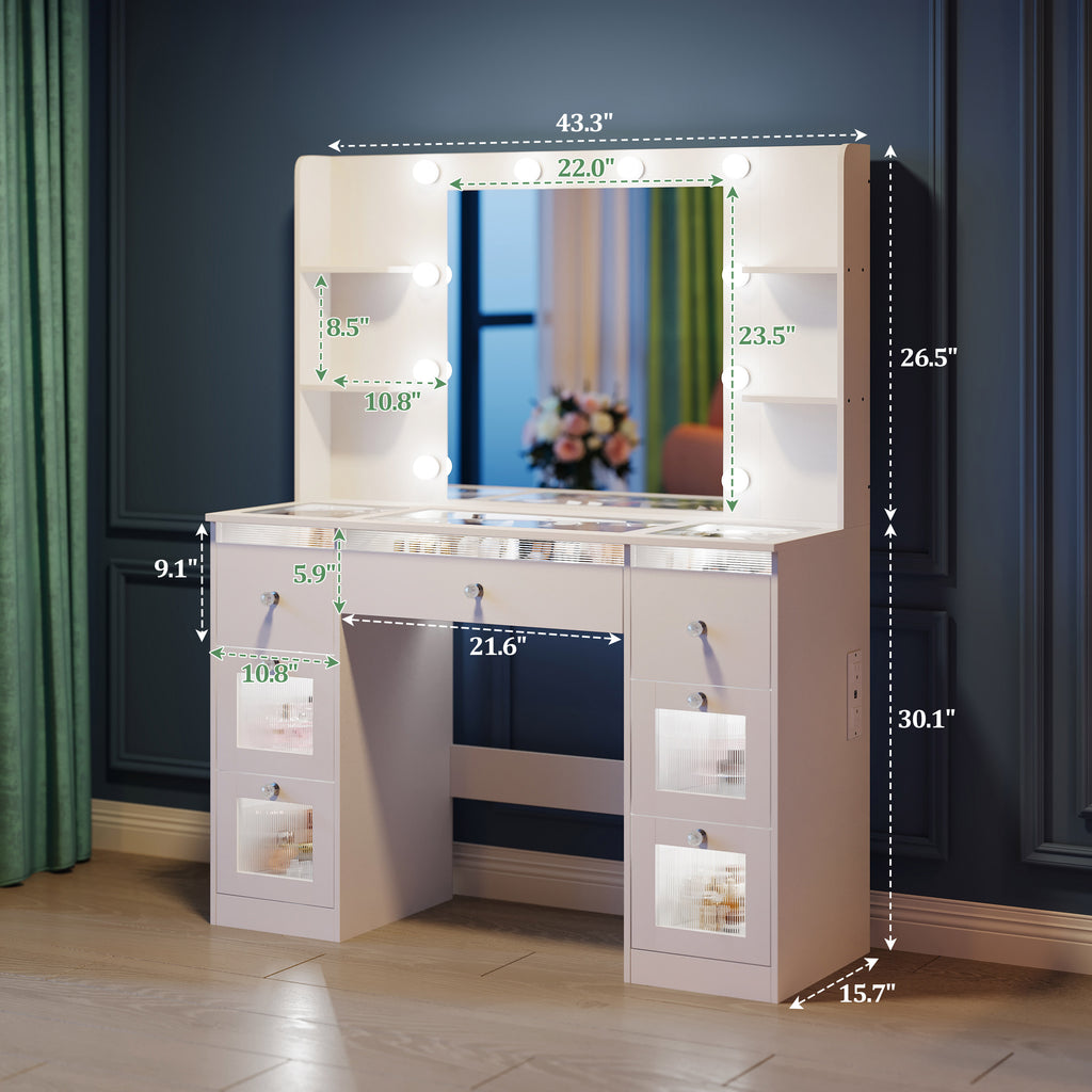 Fluted Vanity Desk with Large 37’’ Hollywood Mirror and RGB Lights