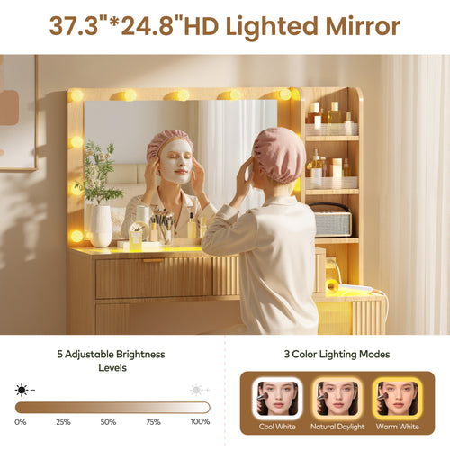47” Fluted Wood Vanity with Large 37’’ Mirror and RGB Lights, Makeup Vanity Desk with Glass Top & 2 Lighted Drawers & Acrylic Cabinet & 5 Shelves, Woman Vanity with Charging Station, Classic Oak