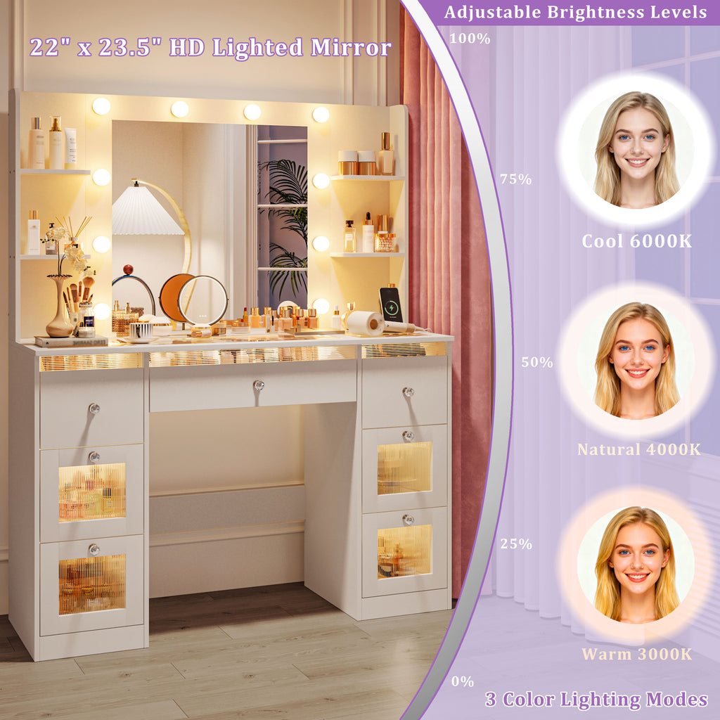 Fluted Vanity Desk with Large 37’’ Hollywood Mirror and RGB Lights