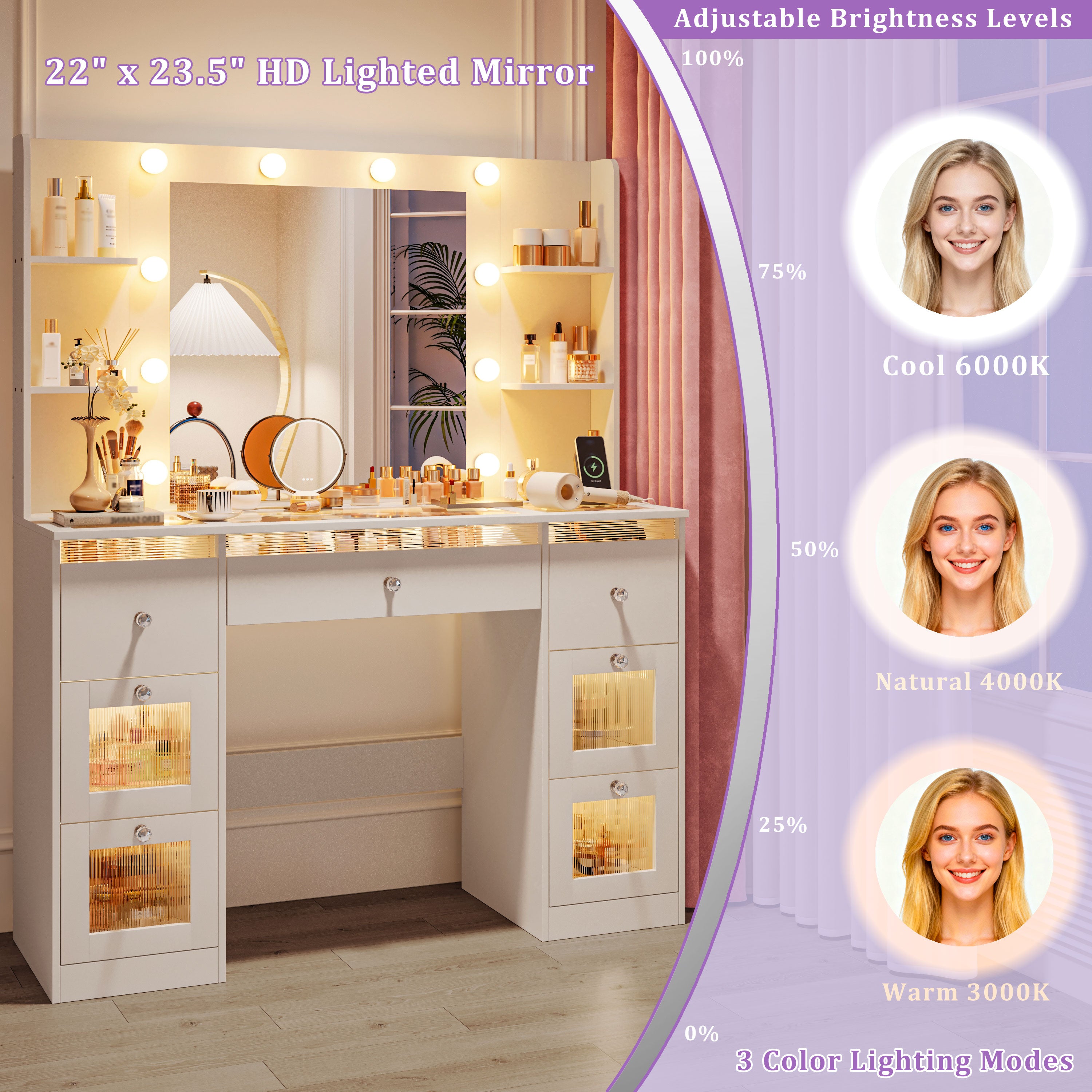 Fluted Vanity Desk with Large 37’’ Hollywood Mirror and RGB Lights