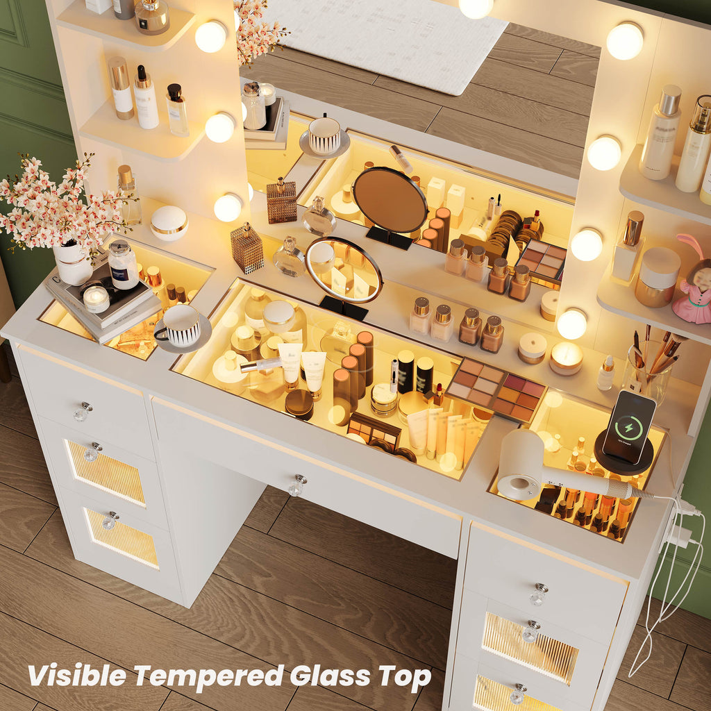 Fluted Vanity Desk with Large 37’’ Hollywood Mirror and RGB Lights