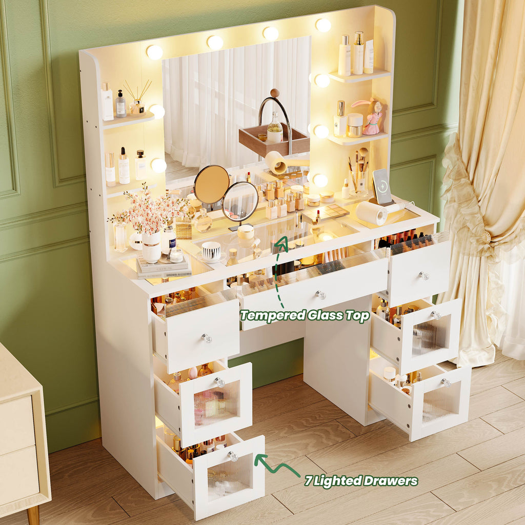 Fluted Vanity Desk with Large 37’’ Hollywood Mirror and RGB Lights