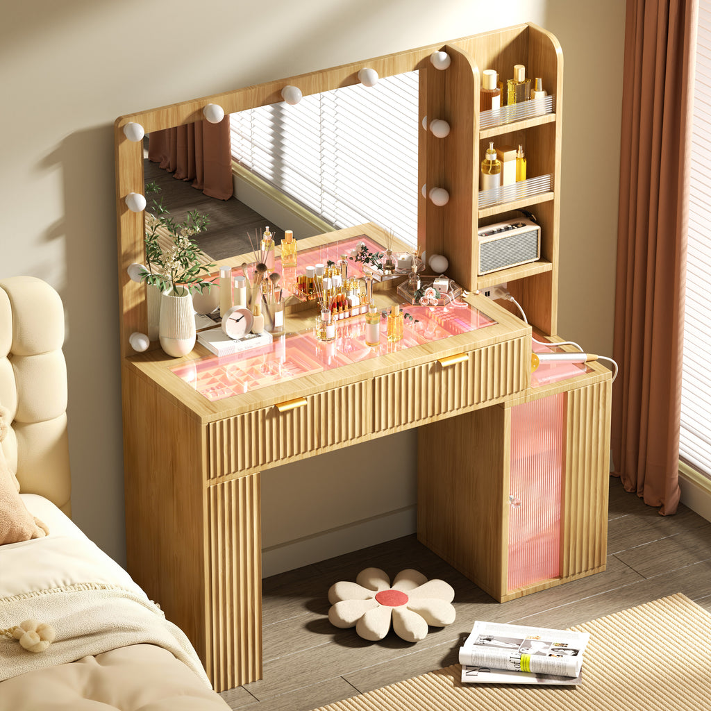 47” Fluted Wood Vanity with Large 37’’ Mirror and RGB Lights, Makeup Vanity Desk with Glass Top & 2 Lighted Drawers & Acrylic Cabinet & 5 Shelves, Woman Vanity with Charging Station, Classic Oak