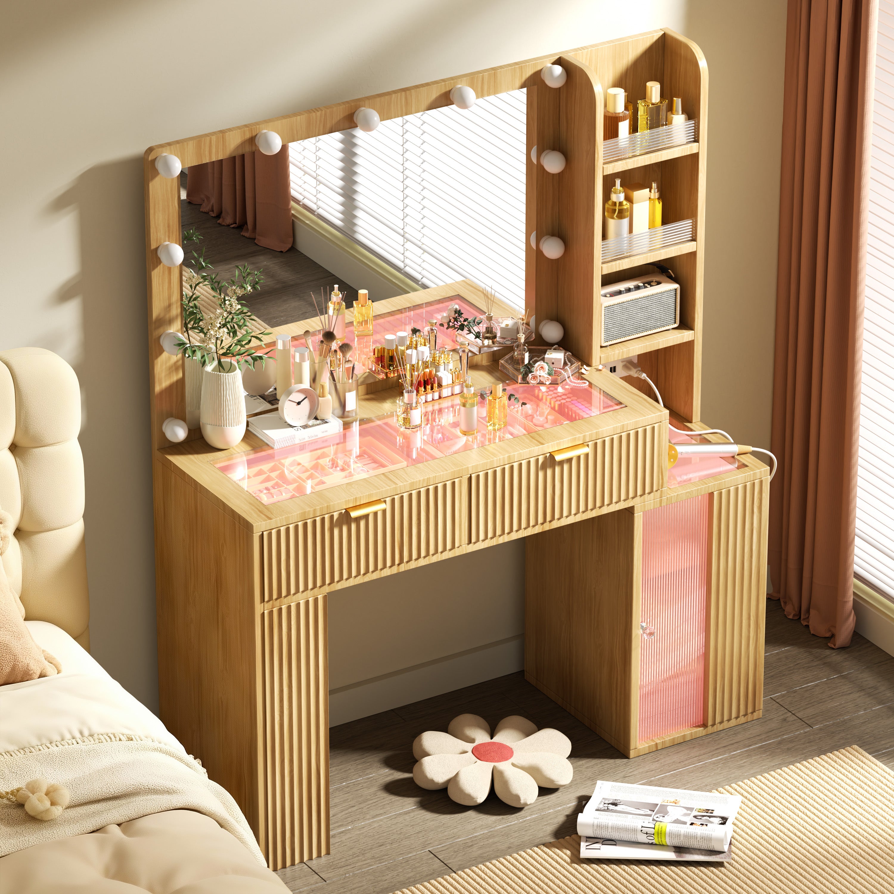 47” Fluted Wood Vanity with Large 37’’ Mirror and RGB Lights, Makeup Vanity Desk with Glass Top & 2 Lighted Drawers & Acrylic Cabinet & 5 Shelves, Woman Vanity with Charging Station, Classic Oak